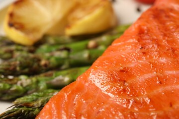 Tasty grilled salmon with asparagus on plate, closeup. Space for text