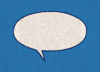 Empty white chat bubble on a background pattern of blue printing dots from a real vintage comic...
