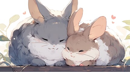 A cuddly and affectionate chinchilla snuggling up to its owner's chest, enjoying gentle strokes japanese manga cartoon style - obrazy, fototapety, plakaty