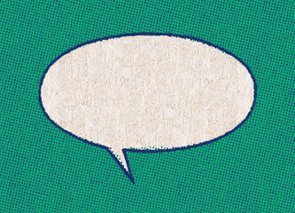 Empty white chat bubble on a background pattern of blue green printing dots from a real vintage comic book page - 677412387