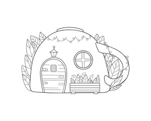 Coloring book page. Fairy tale cup house. Children's vector illustration.	