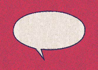 Empty chat bubble on a pattern of printing dots from a real vintage comic book page with red blue...