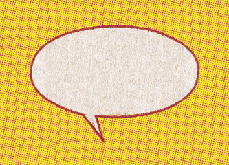 Empty white chat bubble on a background pattern of yellow printing dots from a real vintage comic book page - 677412572