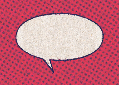 Empty chat bubble on a pattern of printing dots from a real vintage comic book page with red blue color effect