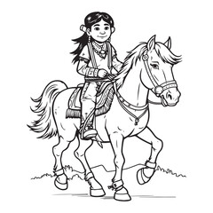Fototapeta na wymiar cute Indian riding a horse coloring page