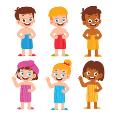 Group of Cute little kids dry body with towel after bath. Children after taking a bath. Active healthy childhood, Diversity Kindergarten. vector illustration