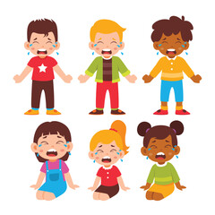 Group of Little Kid Crying Pose Collection. Children Tantrum and Feeling Sad Emotional Expression Tears. Unhappy Activity Isolated Element Objects. Flat Style Icon Vector Illustration