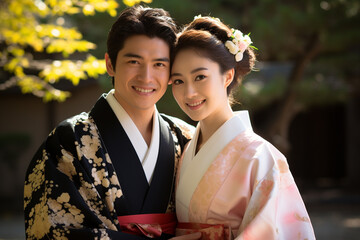 married japanese couple smiling posing together in traditional clothing kimono and hakama bokeh style background