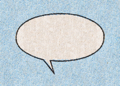 Empty chat bubble on a background pattern of blue printing dots from a real vintage comic book