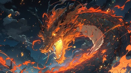 A mystical dragon with scales and sharp claws, breathing fire against a dark sky japanese manga cartoon style