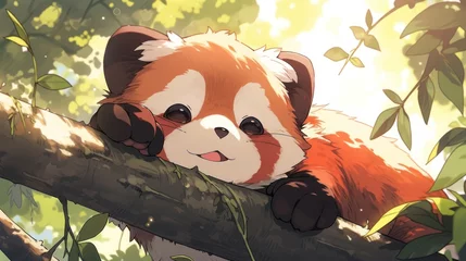 Gordijnen A playful red panda hanging from a tree branch, with a curious expression on its face japanese manga cartoon style © Tina