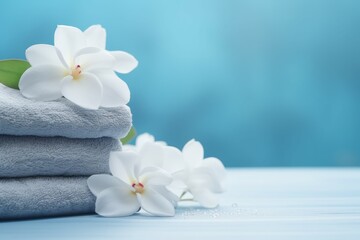 Obraz na płótnie Canvas Zen stones flowers and towels on light blue background convey spa