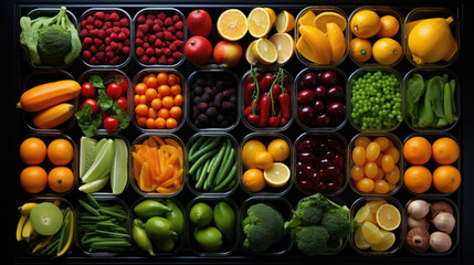 Health vegan food creative concept. Top view. Knolling composition. Organic fruits and vegetables.
