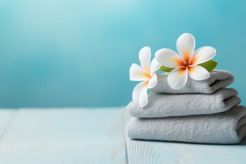 Fototapeta na wymiar Zen stones flowers and towels on light blue background convey spa