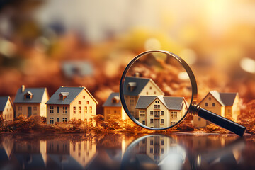 Looking for a new house to buy or rent, with a focus on the rental housing market, using a magnifying glass near a residential building, - obrazy, fototapety, plakaty