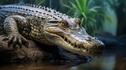Crocodile On A Log In A River In Africa