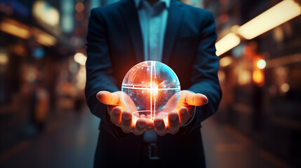 Businessman holding a globe model showing that business on the planet is growing, business concept