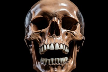 Frontal view of human skull with open mouth reflecting on black background