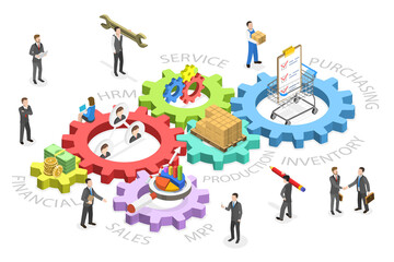 3D Isometric Flat  Conceptual Illustration of ERP, Integrated Management of Main Business Processes, Enterprise Resource Planning,