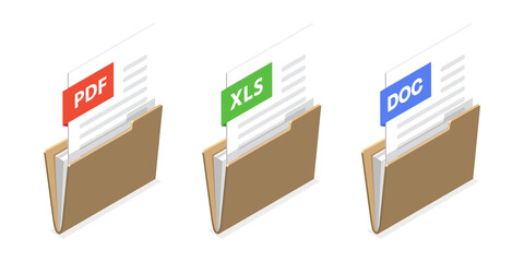 3D Isometric Flat  Icon of Doc, Pdf, Xls Documents, Set of Paper Folders