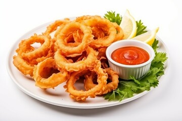 Fried squid or onion rings on white background