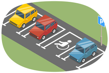3D Isometric Flat  Conceptual Illustration of Parking Lot, Public Car-parking