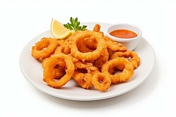 Fried squid or onion rings on white background