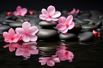 Pink spa flowers hot stones on water dark background