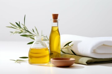 Tea tree oil spa composition shown on white backdrop