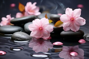 Obraz na płótnie Canvas Pink spa flowers hot stones on water dark background