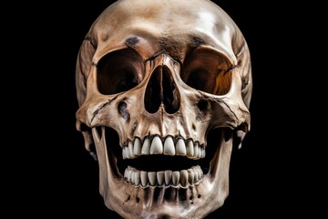Frontal view of human skull with open mouth reflecting on black background - obrazy, fototapety, plakaty