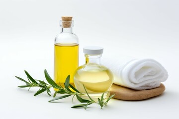 Tea tree oil spa composition shown on white backdrop