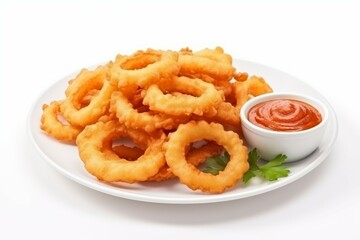 Fried squid or onion rings on white background