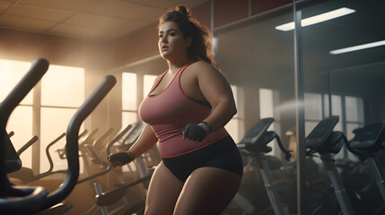 Fototapeta na wymiar woman in a gym, plus size woman at the gym, fat woman at the gym, plus size woman