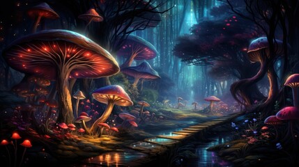 An enchanted forest transformed into a psychedelic dreamscape, with glowing trees, sparkling fireflies, and a myriad of vivid colors that illuminate the night