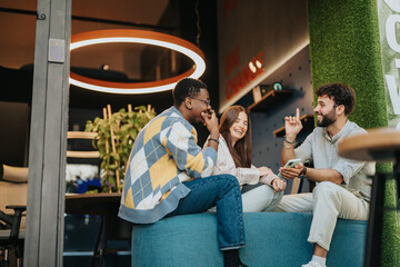 Experienced professionals discuss business strategies and analyze market data in a modern co-work space, identifying new opportunities for their successful multinational project.