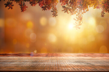 Naklejka na ściany i meble season concept, The empty wooden table top with blur background of autumn