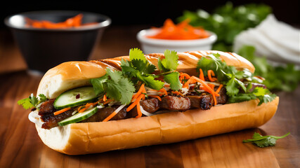 Vietnam's traditional food, tasty Banh Mi with vegetables on a wooden board, closeup. AI Generative - obrazy, fototapety, plakaty