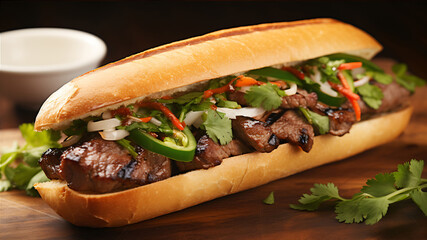 Vietnam's traditional food, Banh Mi with beef and vegetables on a wooden table, closeup. AI Generative