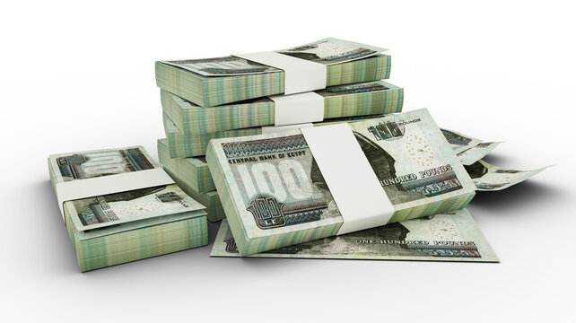 3D Stacks of 100 Egyptian notes isolated on transparent background