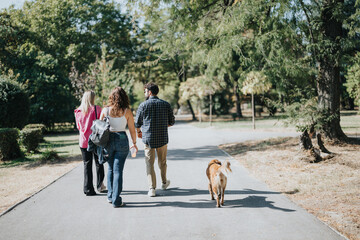 Caucasian couple and canine friend enjoy autumn weekend in the park. Casual and carefree, they revel in nature's beauty, having fun and socializing, while basking in positive energy.