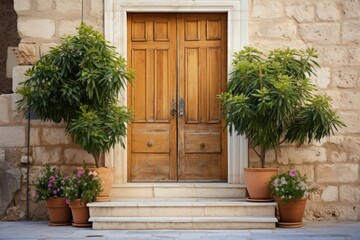 Fototapeta na wymiar Elegant wooden door and flowerpots adorn the front of a house