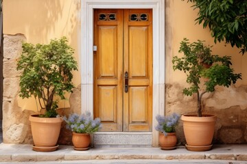 Fototapeta na wymiar Elegant wooden door and flowerpots adorn the front of a house