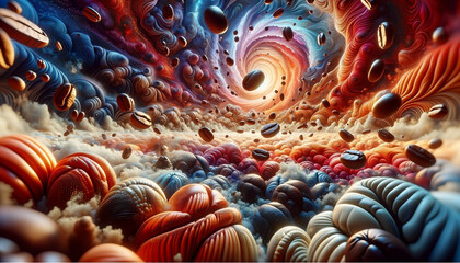 An image of coffee beans floating in a surreal, psychedelic space - Generative AI
