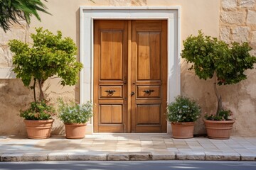Elegant wooden door and flowerpots adorn the front of a house - obrazy, fototapety, plakaty