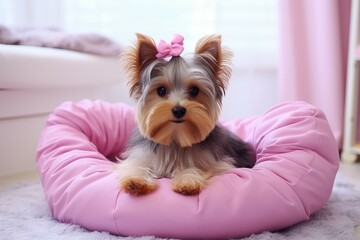 Emotion filled puppy adorably grooming on a stylish bed