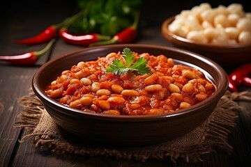 Fototapeta na wymiar Dried white beans with tomato paste served on a wooden background