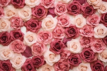 Dry rose flowers arranged in a top view pattern flat on a surface