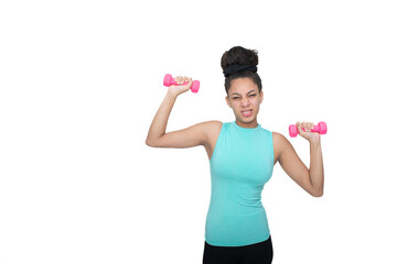 slim latin woman struggling to lift dumbbells isolated in white background