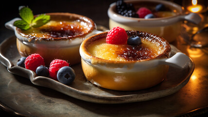 Creme brulee with raspberries and blueberries. AI Generative